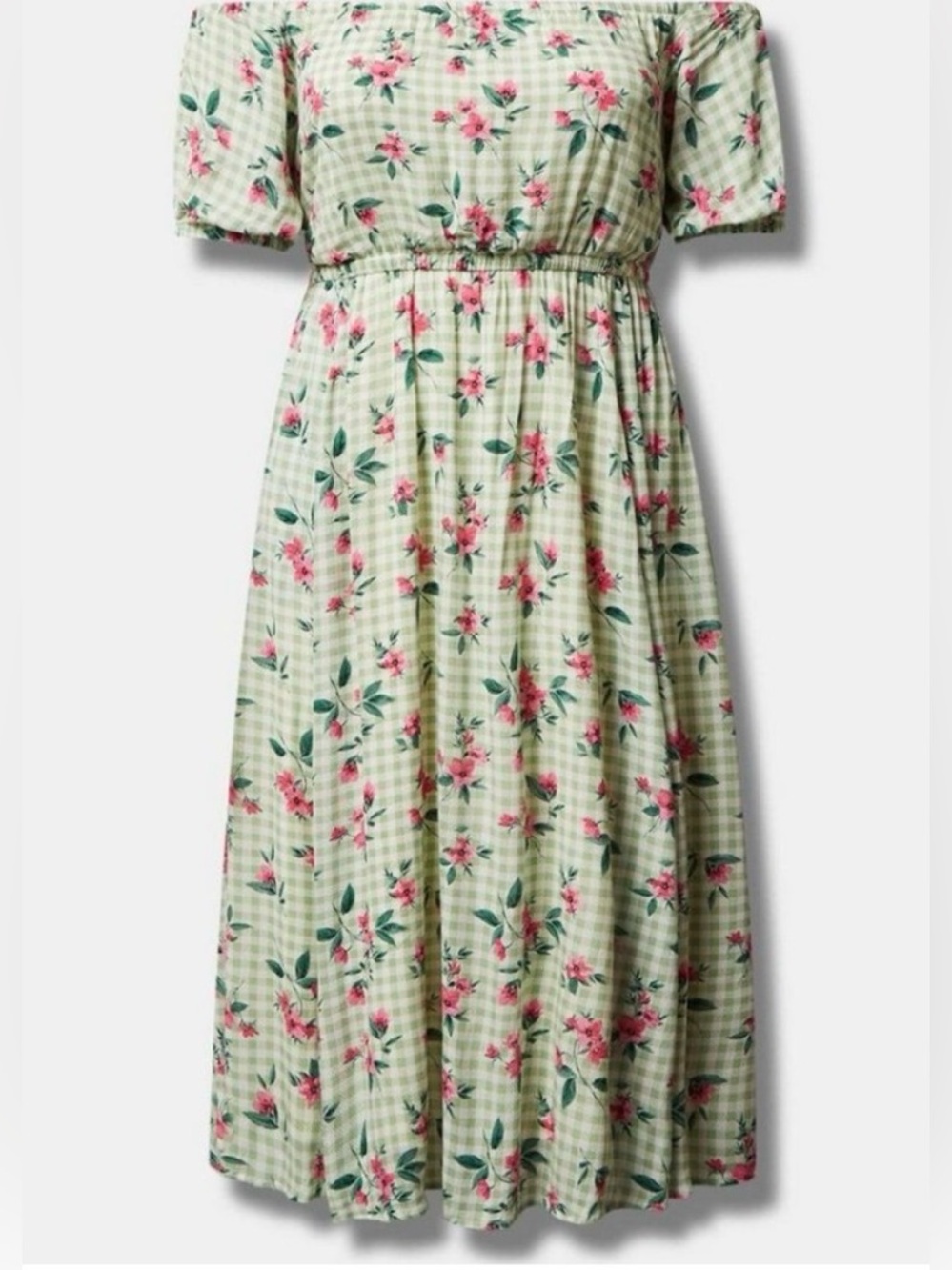 Torrid Plus Size 2X Floral Gingham Green Pink Off Shoulder Midi Skater Dress